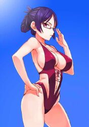 1girls bare_arms bare_legs bare_midriff bare_shoulders bare_thighs barefoot belly_button big_breasts cleavage female female_only glasses human inner_sideboob long_hair midriff navel one-piece_swimsuit purple_hair purple_sling_bikini purple_slingshot_swimsuit purple_swimsuit purple_swimwear red_eyes red_glasses ridget_(suisei_no_gargantia) sideboob sling_bikini sling_swimsuit slingshot_bikini slingshot_swimsuit solo suisei_no_gargantia swimsuit swimwear thick_thighs tied_hair