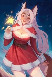 1girls blue_eyes brown_eyebrows christmas christmas_clothing female female_only fox_ears fox_girl fox_tail freckles heterochromia long_hair looking_at_viewer losse_(personalami) maewix1 orange_eyes smiling smiling_at_viewer solo tail thick_eyebrows white_hair