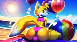 1boy ai_generated all_fours anthro ass_focus balloon beach big_ass big_butt blonde_hair blue_eyes bulge bulge_through_clothing canine canis cheek_tuft collar crop_top dipstick_tail femboy feminine_tails fluffy fluffy_tail fox girly mammal medium_hair miles_prower novelai ocean panties sea seaside smile smiling smiling_at_viewer sonic_(series) sonic_the_hedgehog_(series) tail tails thong yellow_fur