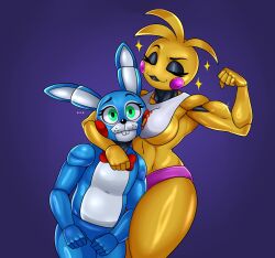 bib biceps bikini_bottom breasts buckteeth bunny_ears five_nights_at_freddy's five_nights_at_freddy's_2 flexing flexing_bicep fnaf green_eyes muscular muscular_female rakoongrey rosy_cheeks toy_bonnie_(fnaf) toy_chica_(fnaf)