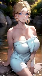 1girls ai_generated ai_mirror big_breasts blonde_hair blue_eyes blush bracelet bush earrings forest in_water looking_at_viewer ponytail river rock short_hair sitting smile towel towel_only water wet wet_body white_skin