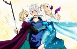 1boy 2girls angel_wings assertive_female blonde_hair blue_eyes blush devil_horns devil_tail disney dreamworks elsa elsa_(frozen) female frozen_(film) girl_sandwich horns hugging jack_frost jack_frost_(rise_of_the_guardians) kiss_mark lipstick lipstick_mark male male/female paramount_pictures red_lipstick rise_of_the_guardians sandwiched straight