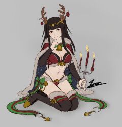 1girls alternate_costume antlers bangs bare_thighs black_eyes black_hair bra breasts candle cape cleavage cm_lynarc female female_only fire fire_emblem fire_emblem_awakening fire_emblem_heroes grey_background holding holding_object kneeling long_hair looking_at_viewer medium_breasts nintendo official_alternate_costume panties red_panties smile tharja_(fire_emblem) tharja_(winter)_(fire_emblem) thighhighs thighs underwear