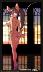 anthro ass bikini breasts brown_hair ass creamytea david_a_cantero female hair high_heels looking_at_viewer looking_over_shoulder mouse nipples pinup pose rodent skimpy solo standing topless undressing watermark window