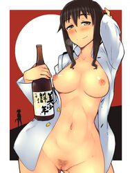 arm_up black_hair blush bottle breasts brown_eyes clothing drunk em_(totsuzen_no_hakike) innie_pussy medium_breasts military military_uniform naked_shirt navel nipples open_clothes pubic_hair pussy shadow short_hair smile strike_witches tail takei_junko uncensored world_witches_series