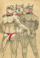 anthro ass ass_grab balls blitz_(road_rovers) canine clothes collar doberman dog exile fur furry furry_ass hunter_(road_rovers) husky male male_only mammal multiple_males nude penis road_rovers selective_color standing tagme tail topless yaoi