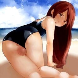 1boy all_fours androgynous anus ass beach blush crossdressing femboy frown girly human human_only long_hair looking_back male male_only one-piece_swimsuit open_mouth original red_eyes red_hair school_swimsuit solo swimsuit testicles trap wachiwo