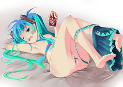 1girls aqua_eyes aqua_hair barefoot censored eizan feet female flat_chest hatsune_miku high_resolution long_hair lying necktie on_back pointless_censoring pussy skirt solo tied_hair toes twintails very_long_hair vocaloid