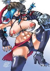 1girls amazon amazonian blue_hair breasts digimon digimon_(species) digimon_xros_wars female female_only green_eyes highres mervamon midriff nipples solo thighhighs