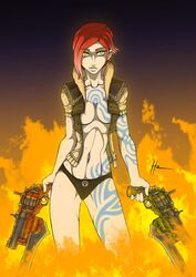 blunt_katana borderlands breasts fire gun lilith_(borderlands) navel open_clothes red_hair short_hair tattoo weapon yellow_eyes