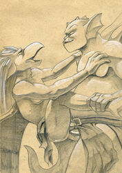 2boys anal anal_sex anthro broadway_(gargoyles) brooklyn_(gargoyles) closed_eyes disney gargoyles gay loincloth male male_only monochrome open_mouth penetration simple_background teeth tush yaoi