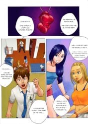 1boy 2girls blonde_hair blue_hair brown_hair clothed comic english_text eucalipto female imminent_sex long_hair male original original_character short_hair speech_bubble talking text