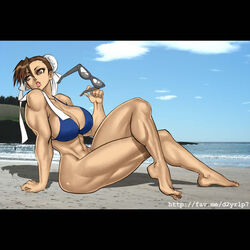 abs barefoot beach bikini bikini_top bottomless breasts bun_cover chun-li crossed_legs feet felsus hair_bun highres huge_breasts legs letterboxed long_legs muscle ocean sitting sky street_fighter sunglasses swimsuit thick_thighs thighs toes