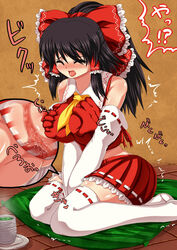 bare_shoulders black_hair blush bow breast_grab breasts closed_eyes cunnilingus cup detached_sleeves female female_only hair_tubes hand_under_clothes hands_under_clothes highres human large_bow large_breasts n_(dai_n_honpo) open_mouth oral panties ponytail pussy red_panties reimu_hakurei reimu_nimutyuu see-through sitting skirt solo striped striped_panties tied_hair tongue tongue_out touhou trembling underwear v_arms wariza wet_panties white_legwear white_panties