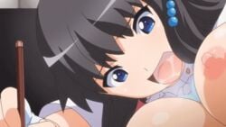 animated black_hair blue_eyes bouncing_breasts breasts drawing erect_nipples eroge!_h_mo_game_mo_kaihatsu_zanmai fucked_silly himeno_kisara large_breasts long_hair moaning nipples pencil saliva saliva_trail screencap