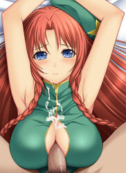 alternate_costume armpits arms_up beret blue_eyes blush braid breasts center_opening chiro_(tachibana) cleavage cleavage_cutout cum cum_on_body cum_on_breasts cum_on_clothes cum_on_upper_body facial female hat hong_meiling large_breasts long_hair looking_at_viewer male paizuri paizuri_under_clothes penis pov pubic_hair red_hair smile straight touhou twin_braids uncensored