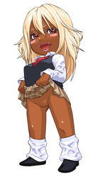 atto_(eroban) blonde_hair blush_stickers bottomless brown_eyes chibi cute_fang dark-skinned_female dark_skin eyeshadow female footwear ganguro gyaru hair lipstick long_hair loose_socks necktie original pussy skirt skirt_lift socks solo standing tongue uncensored vest