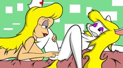 animaniacs blue_eyes breasts buttered-tost fingering hello_nurse lipstick long_hair minerva_mink nipples