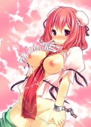 1girls bandage bandages between_breasts blush breasts breasts_out bun_cover chains clothes_between_breasts cuffs double_bun female highres kaneru kasen_ibaraki looking_at_viewer manacles mound_of_venus naked_tabard nipples panties panty_pull pink_eyes pink_hair red_eyes short_hair skirt skirt_pull smile solo tabard touhou underwear yellow_panties