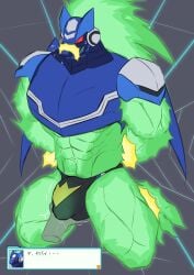abs absurd_res alien anthro big_muscles bodily_fluids bulge capcom cybernetics cyborg detailed_bulge disembodied_hand em_being genital_fluids genitals geryorias glowing glowing_body glowing_genitalia glowing_penis green_body hi_res humanoid_genitalia humanoid_penis machine male mega_man_(series) mega_man_star_force muscular muscular_anthro muscular_male omega-xis penis precum red_eyes solo
