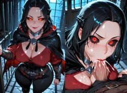 1monster after_oral ai_generated before_oral big_breasts black_eyes blowjob breasts cleavage cum cum_in_mouth cum_inside cum_on_breasts dick female hentairuler69 long_hair looking_at_viewer male monster_girl penis red_eyes runny_makeup serana skyrim split_screen tagme vampire_girl