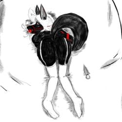 1:1 anthro anubian_jackal ball_gag bed black_body black_fur bondage bondage bound breasts canid canine canis clothing colored_fingernails colored_nails cuff_(restraint) ear_piercing ear_ring female fingernails footwear fur furniture gag gagged gueststar hair humanoid jackal jewelry legwear legwear_only lingerie mammal mostly_nude nails natasha_(gueststar) nervous piercing red_eyes red_fingernails red_nails restraints ring_piercing sex_toy socks solo stockings stockings_only vibrator wand_vibrator white_hair
