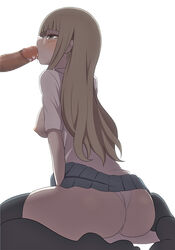 ass black_legwear black_thighhighs breasts brown_eyes brown_hair censored cum fellatio female glasses ken_(koala) nipples oral original panties penis saliva school_uniform sitting skirt thighhighs underwear