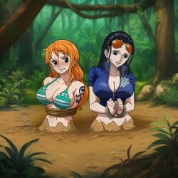 2girls ai_generated breasts clothing female female_only mud nai_diffusion nami_(one_piece) nico_robin one_piece quicksand sd77ai stable_diffusion tagme