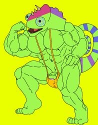 anthro_on_anthro bara biceps blue_sclera buff bulge bulge_through_clothing bulge_through_swimsuit bulge_through_underwear bulge_under_clothes bulge_under_swimsuit chameleon chameleon_humanoid chameleon_tail color colored colored_skin colored_tail ethereal ethereal_island ethereal_monster flex flexing flexing_arm flexing_muscles gay golden_mankini golden_thong green_body green_skin imageboard kazilleon kazilleon_(my_singing_monsters) lime_background lizard mankini muscular muscular_male orange_mankini orange_thong pecs penis purple_eyes purple_pupils sexy smiling thong traced traced_art yellow_background