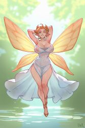 1girls armpits arms_behind_head blonde_hair cleavage fairy fairy_wings fantasy female green_eyes huge_breasts original original_character see-through_dress short_hair ullr voluptuous wink
