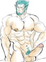 1boy abs animal_ears balls bara beard blue_hair commentary erection facial_hair fire_emblem fire_emblem:_path_of_radiance fire_emblem:_radiant_dawn highres kargofreakx large_pectorals male male_focus male_pubic_hair mordecai_(fire_emblem) muscular muscular_male navel nipples nude pectorals penis pubic_hair short_hair solo testicles