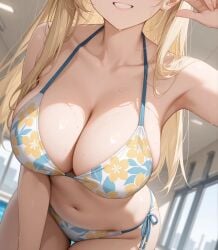 2025 ai_generated belly blonde_female blonde_girl blonde_hair_female flower_bikini hand_on_head hand_on_leg instagram looking_at_viewer meta not_porn pool smile_at_viewer smiling_at_viewer teeth_showing ten01c tummy unknown_character wet_bikini wet_body wet_skin