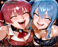 ai_generated asmutcriminal hololive hololive_fantasy hololive_gen_0 hololive_japan hoshimachi_suisei houshou_marine multiple_girls necklace no_hat no_headwear nude off_shoulder open_mouth pirate_hat plaid plaid_headwear pleated_skirt red_eyes red_hair red_ribbon ribbon saliva saliva_trail sexually_suggestive sheer_leotard shirt side_ponytail signature single_thighhigh skirt sleeveless sleeveless_jacket smile sound_effects star_(symbol) star_choker star_earrings streaked_hair sweat symbol_in_eye tagme tears teeth thigh_strap thighhighs tongue tongue_out trembling twintails veins vest virtual_youtuber white_gloves yellow_eyes