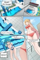 2girls bikini blonde_hair blue_eyes blue_hair green_eyes kurumi_(marima) marima666_(artist) medium_breasts pool poolside saki_(marima) small_breasts swimming_pool water