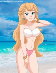 1girls 2025 ai_generated beach_background blonde_eyebrows blonde_female blonde_girl blonde_hair_female blue_earrings blue_eyes_female blushing_at_viewer carlshocker deviantart female female_only glaring_at_viewer golden_bracelets hand_on_head hand_on_leg looking_at_viewer mario_(series) meta nintendo no_crown not_porn pink_bikini_bottom pink_lipstick princess_peach smile_at_viewer smiling_at_viewer super_mario_bros. white_bikini_top