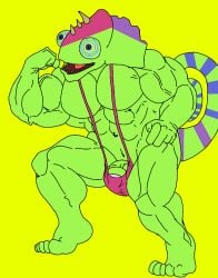 anthro_on_anthro bara biceps blue_sclera buff bulge bulge_through_clothing bulge_through_swimsuit bulge_through_underwear bulge_under_clothes bulge_under_swimsuit chameleon chameleon_humanoid chameleon_tail color colored colored_skin colored_tail ethereal ethereal_island ethereal_monster flex flexing flexing_arm flexing_muscles gay green_body green_skin imageboard kazilleon kazilleon_(my_singing_monsters) lime_background lizard mankini muscular muscular_male pecs penis pink_mankini pink_thong purple_eyes purple_pupils sexy smiling thong traced traced_art yellow_background