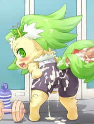 1boy 1girls anthro anthrofied blush cameltoe clothed clothing cub cum cum_covered cum_on_ass cum_on_body disembodied_penis duo erection female from_behind furry green_eyes jewelpet jewelpet_(species) looking_at_viewer looking_back looking_over_shoulder male pants penis peridot_(jewelpet) sanrio sex standing tailjob warujector young