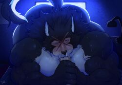 anthro ass_up barazoku beard blush bodily_fluids breath canid canine canis cum cum_in_mouth cum_inside detailed_background duo facial_hair fellatio fellatio_gesture fellatio_pov first_person_view fur genital_fluids genitals gesture heart_eyes heart_symbol hi_res human looking_at_viewer looking_pleasured male male/male mammal mature_anthro mature_male multicolored_body multicolored_fur muscular muscular_anthro muscular_male oral orgasm orgasm_face panting penile penis penis_in_mouth pinumontbalou rouen_(shining) saliva saliva_on_penis saliva_string scar sega sex shining_(sega) shining_force size_difference small_dom_big_sub suggestive suggestive_gesture sweat tears tears_of_pleasure two_tone_body two_tone_fur vein veiny_muscles veiny_penis wolf