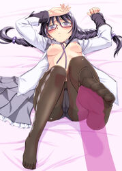 1girls akemi_homura akemi_moemura arms_up bed black_legwear blush braid breasts feet footjob foreshortening glasses hair_bobbles hair_ornament looking_at_viewer lying magical_girl mahou_shoujo_madoka_magica nipples on_back open_clothes open_shirt panties panties_under_pantyhose pantyhose penis pov_feet red-framed_glasses shirt skirt skirt_removed solo solo_female solo_focus spoilers twin_braids underwear urase_shioji