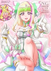 2girls barefoot blonde_hair blush cure_idol cure_zukyoon feet feet_focus female female_only foot_focus green_hair hanzou idol kimi_to_idol_precure light-skinned_female light_skin magical_girl multicolored_hair precure pretty_cure purirun purirun_(kimi_to_idol_precure) sakura_uta toei_animation