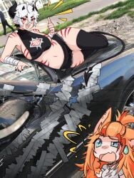 animal_ears bandaged_arm black_hair black_shorts blaire_rune blairevt blue_eyes breasts buffpup_(vtuber) car chibi cleavage cleavage_cutout confused demon_horns demon_tail duct_tape female horns indie_virtual_youtuber jean_shorts laying_on_car laying_on_side meme nonbinary orange_hair proud public real_life_background red_eyes red_stripes short_hair sideboob skindentation striped_body sweatdrop tagme tail thick_thighs thigh_highs thigh_squish thighhighs thumbs_up virtual_youtuber vtuber white_hair