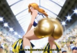 1girls afterimage ai_generated ankle_socks ass ass_focus ass_shaking basketball_court basketball_jersey big_ass bleach breasts caption cheerleaders dancing english_text female female_focus female_only from_behind gold_shorts highres huge_ass huge_breasts light-skinned_female lights looking_back matsumoto_rangiku motion_blur musical_notes pompoms reference selvokaz shiny_clothes short_shorts solo tagme twerking two-tone_pompoms
