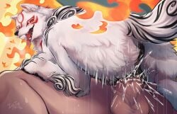 1boy 1girls amaterasu amaterasu_(okami) anus ass balls biped canid canine canis capcom deity deity_on_mortal duo female female_penetrated feral feral_penetrated fire fur genitals goddess head_out_of_frame heart_symbol hi_res human human_on_feral human_penetrating human_penetrating_feral ingi interspecies japanese_mythology male male/female male_penetrating mammal nude okami okami_(capcom) open_mouth penetration penile penile_penetration penis pupils pussy sex smile tail tongue tongue_out vaginal_penetration vulva white_body wolf wolf_girl zoophilia