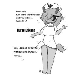 1:1 1_eye anthro blush bodily_fluids deer english_text erikana_(jiangter) feet female genitals hi_res jiangter mammal monochrome nurse pussy shy sweat text