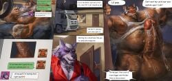 absurd_res anthro armpit_hair barazoku big_muscles big_penis biped bodily_fluids body_hair canid canine canis chest_hair duo english_text erection gay gay_male genital_fluids genitals hi_res huge_cock huge_muscles leaking_precum lindong male male/male mammal muscular muscular_anthro muscular_male penis precum profanity suid suine sus_(pig) text vein veiny_muscles veiny_penis wild_boar wolf yaoi