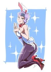 1girls 2019 bunny_ears bunnysuit colored_background commission commission_art croix_meridies deanialsart fanart female female_only green_eyes heels highres little_witch_academia pale-skinned_female pale_skin pantyhose peace_sign pink_hair short_hair