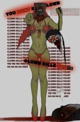 1boy 1girls bikini blood_drip blood_on_face blood_stain decapitation female gore hank_j._wimbleton high_heels holding_head madness_combat male no_sex red_hair rule_63 shitpost tricky_the_clown waxxeddoghouse zombie zombie_girl