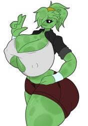 1girls artist_request barely_clothed barely_contained black_eyes breasts bulging_breasts clothed clothed_female clothing female female_focus female_only green_body green_hair green_skin looking_at_viewer minecraft minecraft_mob one_eye_covered peace_sign shorts slime slime_(minecraft) slime_girl slimer_(stemingbunbun) stemingbunbun tied_hair white_pupils
