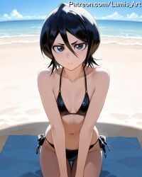 2025 ai_assisted ai_generated artist_name beach beach_towel bikini black_bikini black_hair bleach bleach:_the_thousand-year_blood_war blue_sky breasts cloud cloudy_sky day female fisheye footprints hair_between_eyes high_quality high_res high_resolution highres horizon island kuchiki_rukia kuchiki_rukia looking_at_viewer lumis_art mountainous_horizon navel o-ring o-ring_bikini ocean outdoors patreon sand seashell shade shell shore short_hair side-tie_bikini sitting sky small_breasts solo stable_diffusion swimsuit water watermark waves