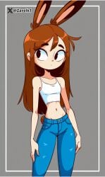 brown_hair bunny bunny_ears bunny_girl bunny_tail flat_ass flat_belly flat_chest flat_chested jeans la_madriguera long_hair mila_(la_madriguera) rabbit rabbit_ears rabbit_girl rabbit_tail skinny teen_girl teenage_girl teenager topwear white_shirt zarelk